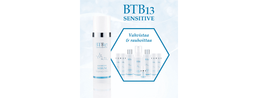 BTB13 Sensitive hoitolinja on kehitetty rauhoittamaan ja suojaamaan herkkää ihon sekä kosteuttamaan ja vahvistamaan ihon rakennetta.