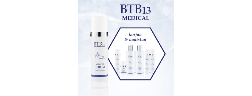 BTB13 Medical-hoitolinja on kehitetty tasapainottamaan ja korjaamaan ihon ongelmia sekä estämään ihon epäpuhtauksien syntymistä.